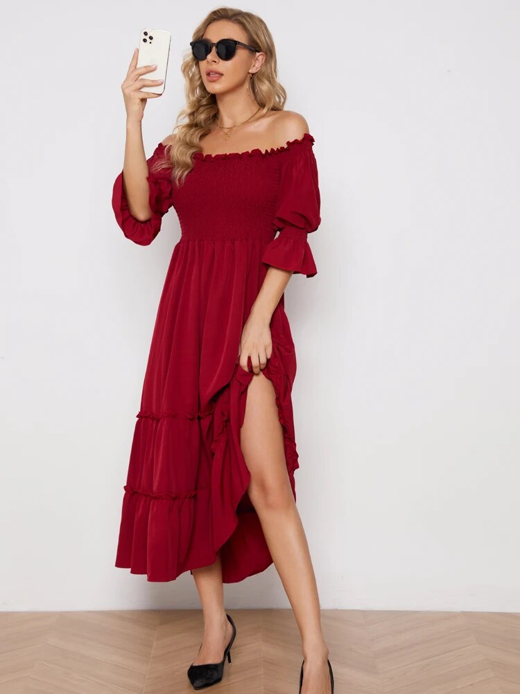    巹    Shouder Vestidos 2021 Ruffles  ź  㸮 巹 Robe Femme